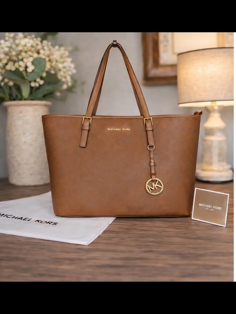 Michael Kors Tan Leather Tote with Gold MK Charm
